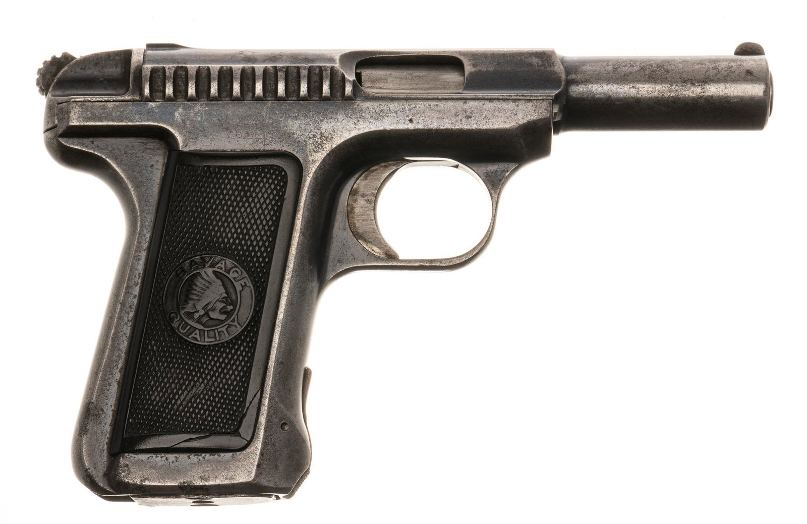 1917 Savage Arms M1907 .32ACP Semi-Auto Pistol: Serial: 180998 Manufacturer: Savage Arms Co. (c. 1917) Model: M1907 Caliber: .32ACP Barrel length: 3.6" OAL: 6.625" Condition: Fair; hard rubber grips have wear commensurate w/ age, each is cr