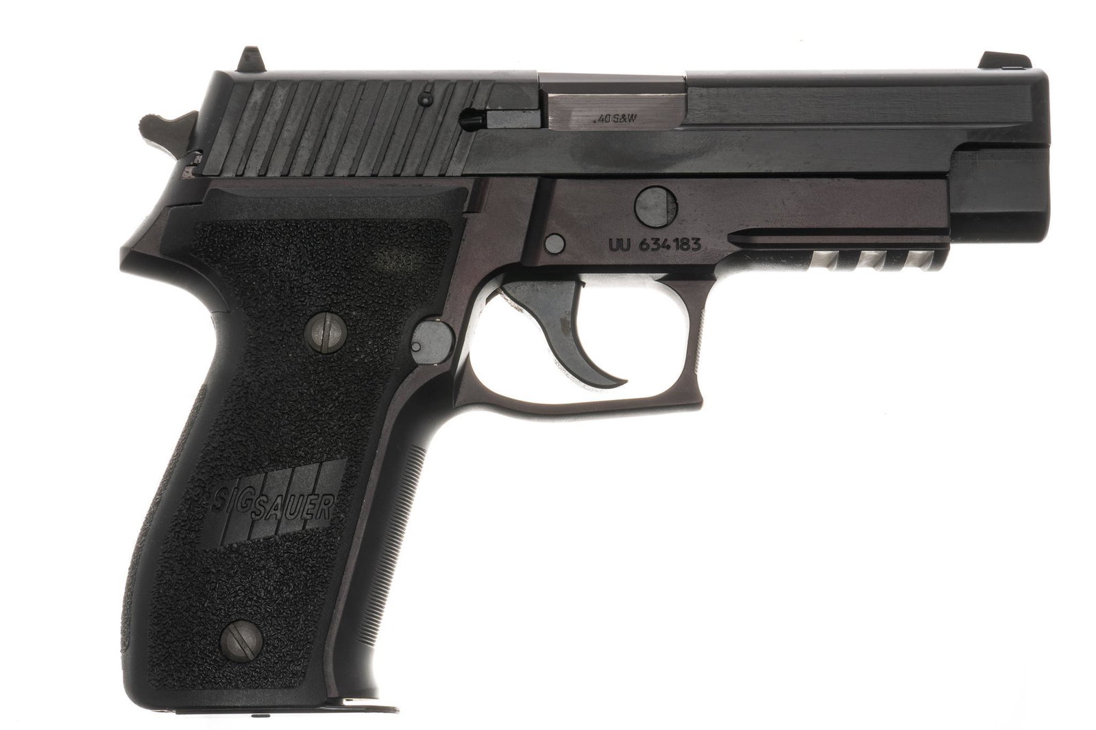Sig Sauer P226 .40S&W Semi-Auto Pistol: Serial: UU 634183 Manufacturer: Sig Arms Inc. Model: P226 Caliber: .40S&W Barrel length: 4.375" OAL: 7.75" Condition: Good; plastic grips have light handling marks; slide & frame have 
