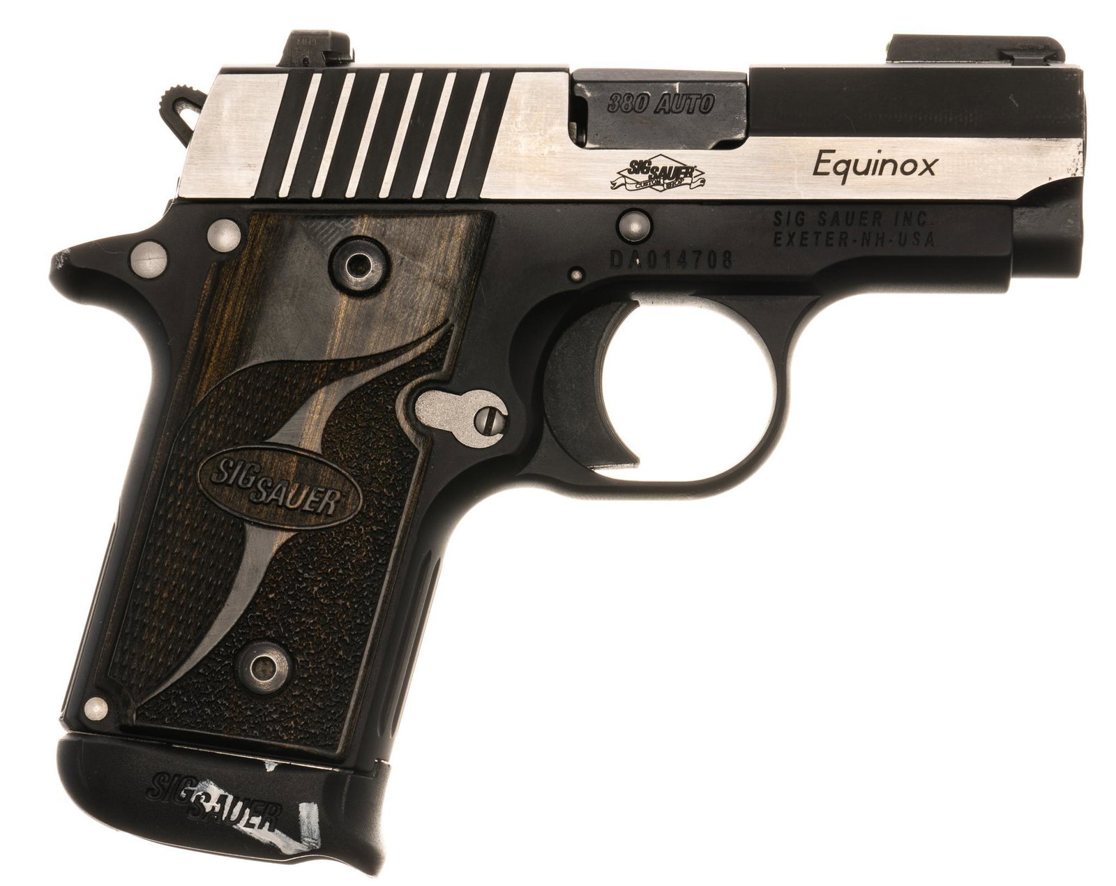 Sig Sauer P238 Equinox .380ACP Semi-Auto Pistol: Serial: DA014708 Manufacturer: Sig Sauer Inc. Model: P238 Equinox Caliber: .380ACP Barrel length: 2.75" OAL: 5.5" Condition: Good; wood grips have light handling marks; slide & frame have 