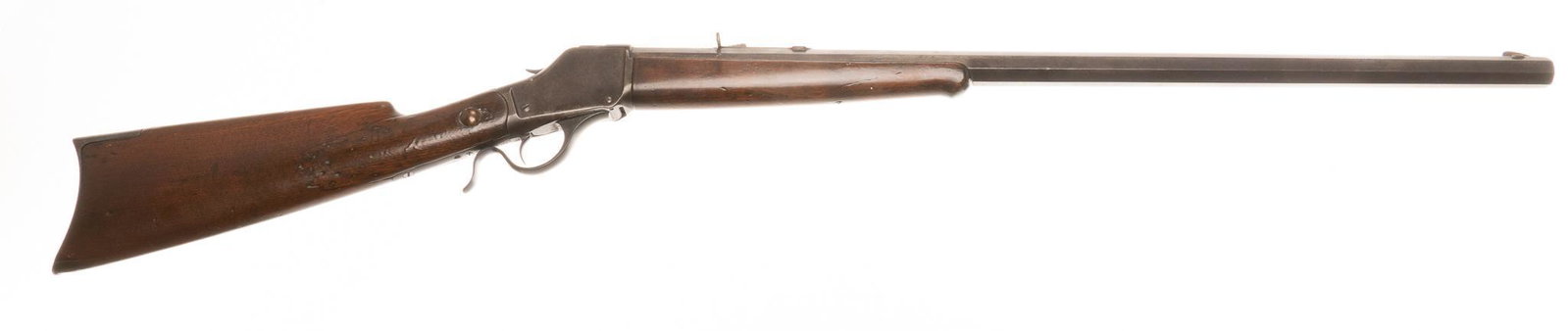 1890 Winchester Model 1885 .38-56WCF High Wall Rifle: Serial: 49301 Manufacturer: Winchester Repeating Arms (c. 1890) Model: 1885 Sporting High Wall Caliber: .38-56WCF Barrel length: 28" (#3) OAL: 44.5" Condition: Fair; wood stock has handling ma