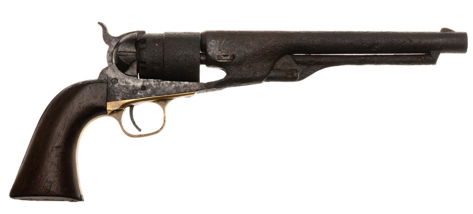Colt Model 1860 Army .44Cal. Percussion Revolver: Serial: 7644 Manufacturer: Colt's PT. F.A. MFG. Co. (c. 1861) Model: 1860 Army Caliber: .44Cal. Barrel length: 8" OAL: 13.5" Condition: Poor; wood grips have heavy wear & handling mark