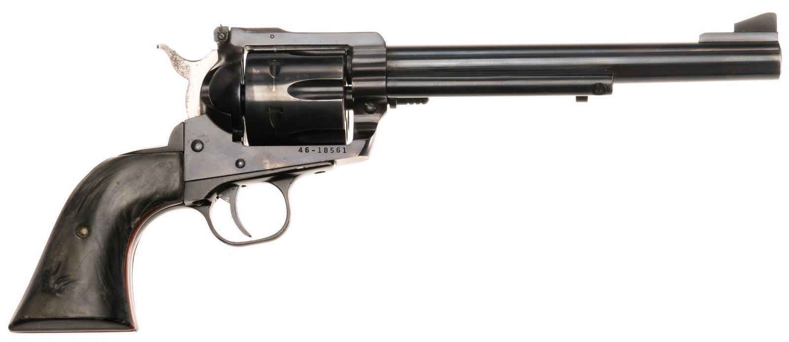 Ruger New Blackhawk .45LC Single Action Revolver: Serial: 46-18561 Manufacturer: Strum, Ruger & Co. Inc. Model: New Blackhawk Caliber: .45LC Barrel length: 7.5" OAL: 13.5" Condition: Good; plastic grips have light handling marks; barrel &