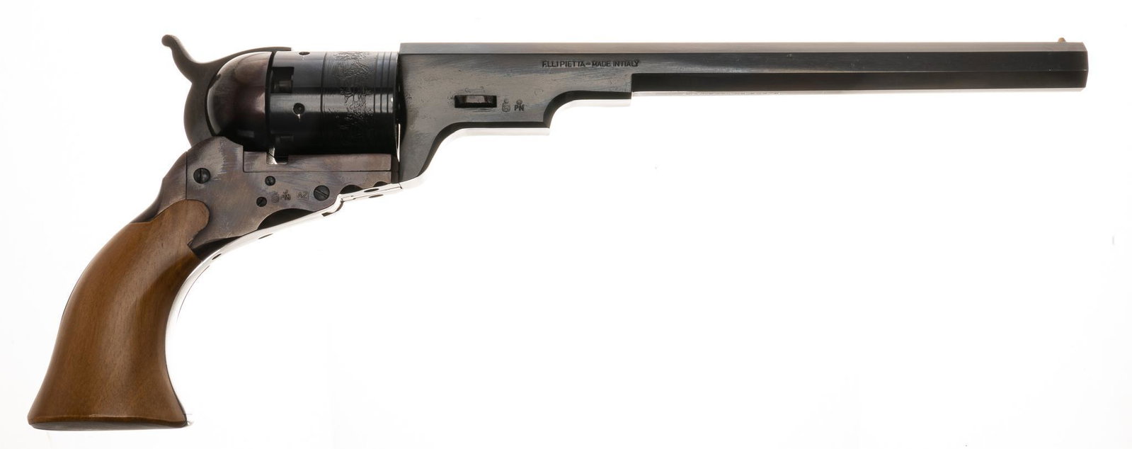 Pietta Texas Paterson .36Cal. Hidden-Trigger Percussion Revolver: Serial: 3134 Manufacturer: Pietta, F. LLI, Italy Model: Texas Paterson Caliber: .36Cal. Barrel length: 9" OAL: 14" Condition: Very Good; wood grips have light handling marks; barrel & fram