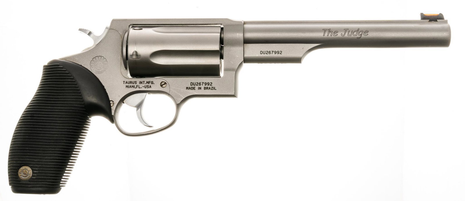 Taurus Judge .45LC/ 410 Bore Revolver: Serial: DU267992 Manufacturer: Taurus Int. Mfg. Model: The Judge Caliber: .45ACP/.45LC/410 bore Barrel length: 6.5" OAL: 13" Condition: Good; rubber Hogue grips have light handling marks; barr