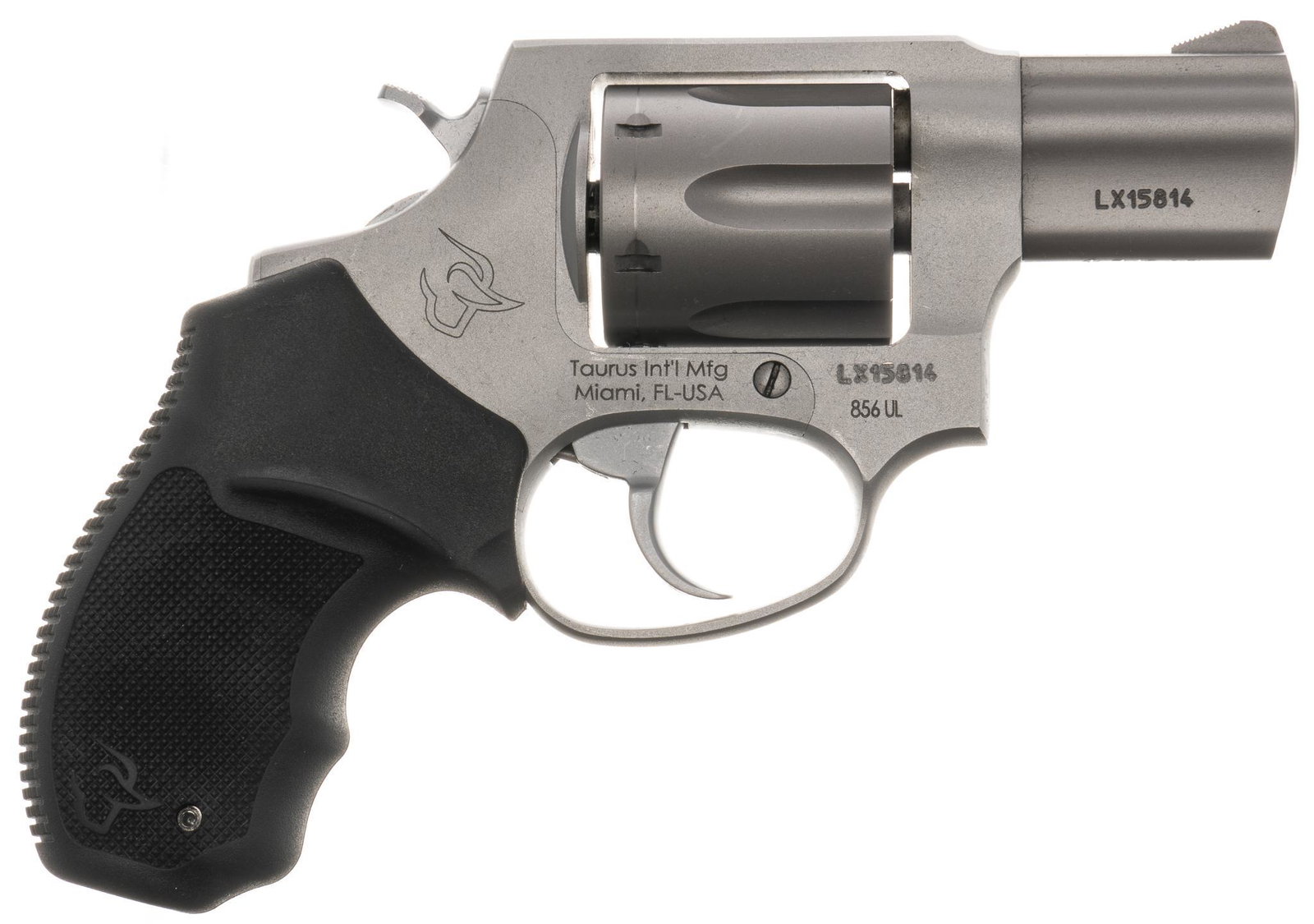 Taurus Model 856 UL Ultra-Lite .38SPL Revolver: Serial: LX15814 Manufacturer: Forjas Taurus/ Taurus Int. Mfg. Model: 856UL Ultra-Lite Caliber: .38SPL Barrel length: 2" OAL: 7" Condition: Very good; rubber grips show no signs of wear; frame 