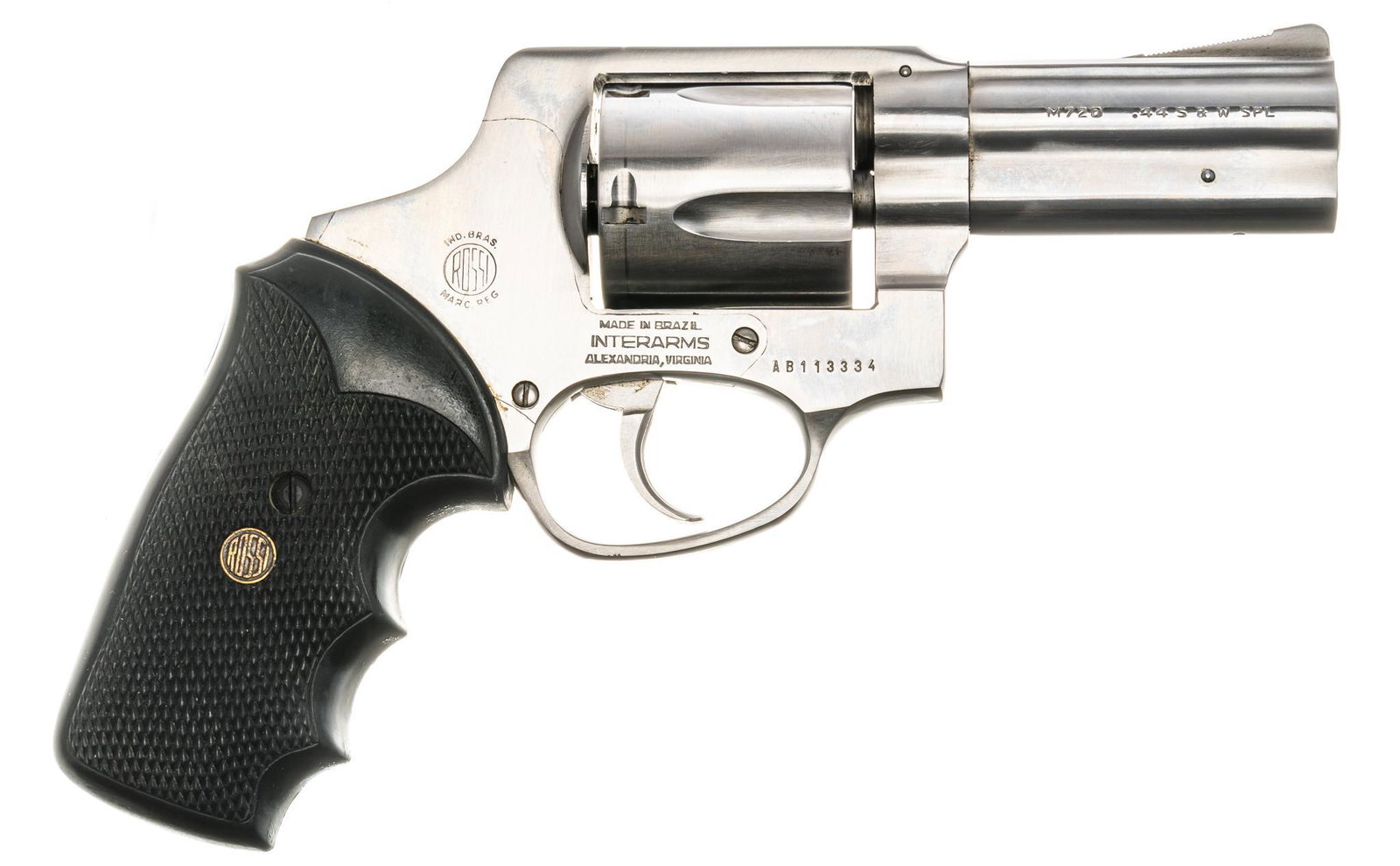 Amadeo Rossi Model 720 .44S&W SPL Revolver: Serial: AB113334 Manufacturer: Amadeo Rossi Model: M720 Caliber: .44S&W SPL. Barrel length: 3" OAL: 8" Condition: Good; hard rubber grips have light wear & handling marks; barrel &
