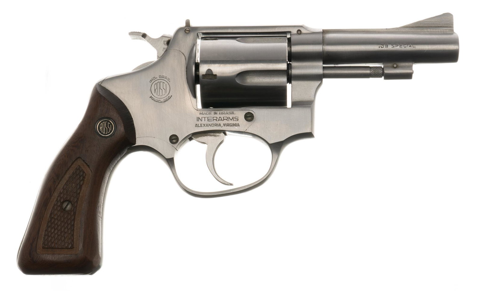 Rossi Model 88 .38SPL Revolver: Serial: W003697 Manufacturer: Amadeo Rossi / Interarms import Model: 88 Caliber: .38SPL Barrel length: 3" OAL: 8" Condition: Very Good; wood grips have light handling marks; barrel & frame