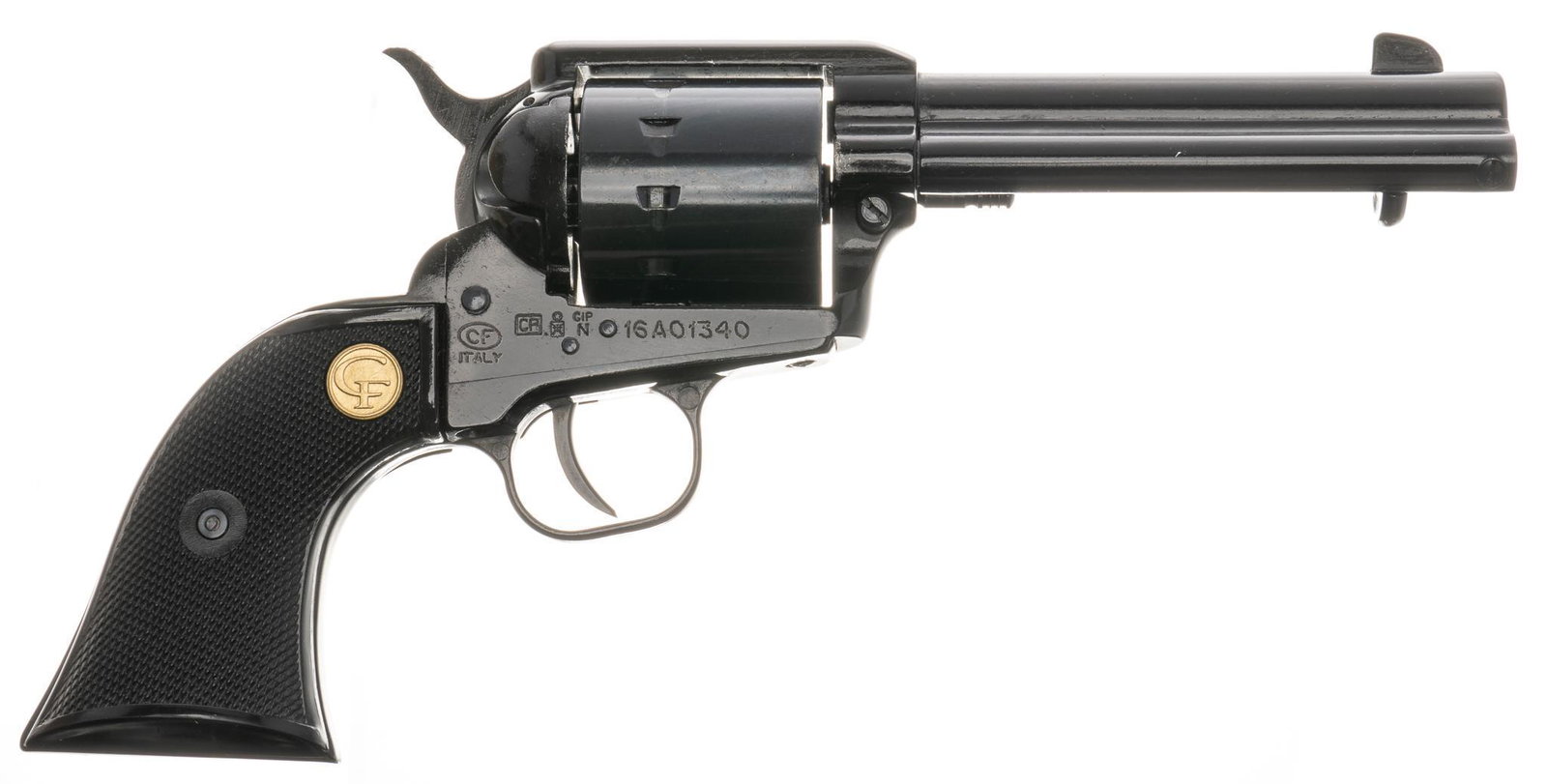 Chiappa SAA 22-10 1873 .22LR/WMR Revolver: Serial: 16A01340 Manufacturer: Chiappa Firearms Model: Single Action 22-10 Caliber: .22LR/WMR Barrel length: 4.5" OAL: 10.5" Condition: Very good; the grips show no handing marks; the frame sh