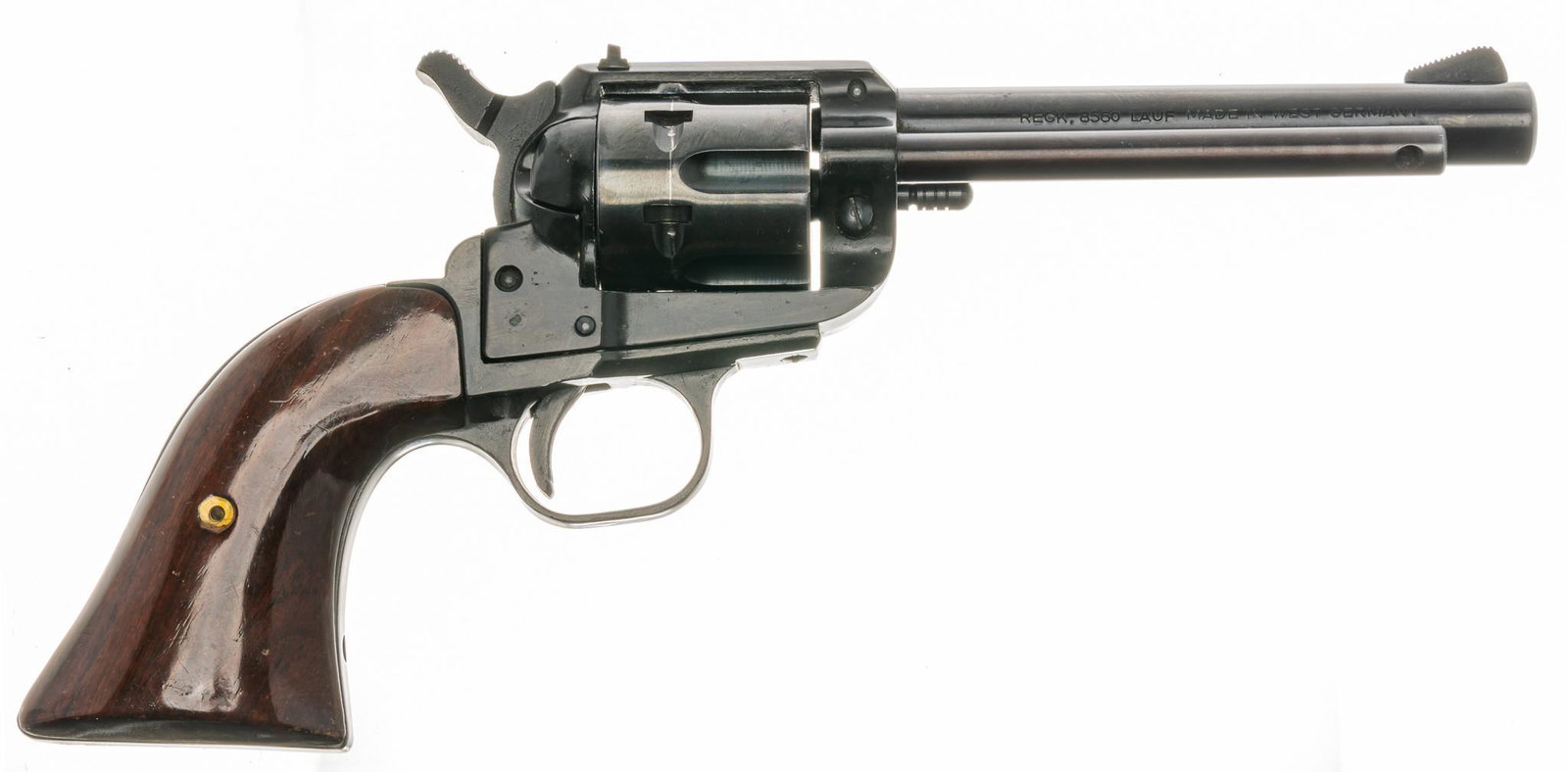 W. German Liberty Arms R12 SA .22LR Revolver: Serial: 122578 Manufacturer: Reck, Lauf/ Liberty Arms import Model: R12 Single Action Caliber: .22LR Barrel length: 5" OAL: 10.5" Condition: Good; wood grips have light handling marks; barrel 