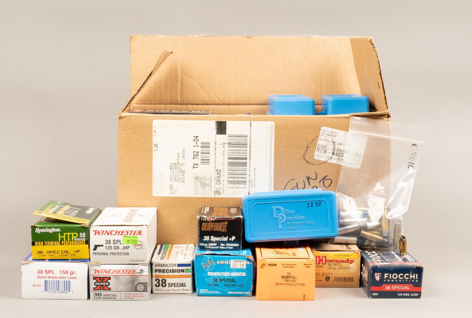 Approx. 1750 Rounds of Mixed .38SPL Ammunition: Includes: -150 rds of S&B 158gr. SP -50 rds of Remington 148gr. TMWC Match -200 rds of Remington HTP +P 110gr. SJHP -218 rds of mixed remanufactured SWC in HSM boxes -150 rds of Winchester Sup