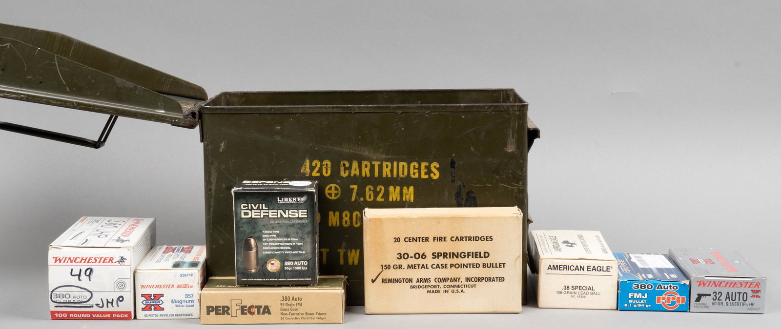 559 Rounds of Mixed .380, .38SPL, .357MAG, .30-06 & .32ACP Ammunition: Includes: -150 rds of Winchester Super-X .32 Auto, 60gr. Silvertip HP -50 rds of Winchester Super-X .357MAG, 158gr. lead -50 rds of American Eagle .38SPL, 158gr. lead ball -22 rds of Liberty Civil Def