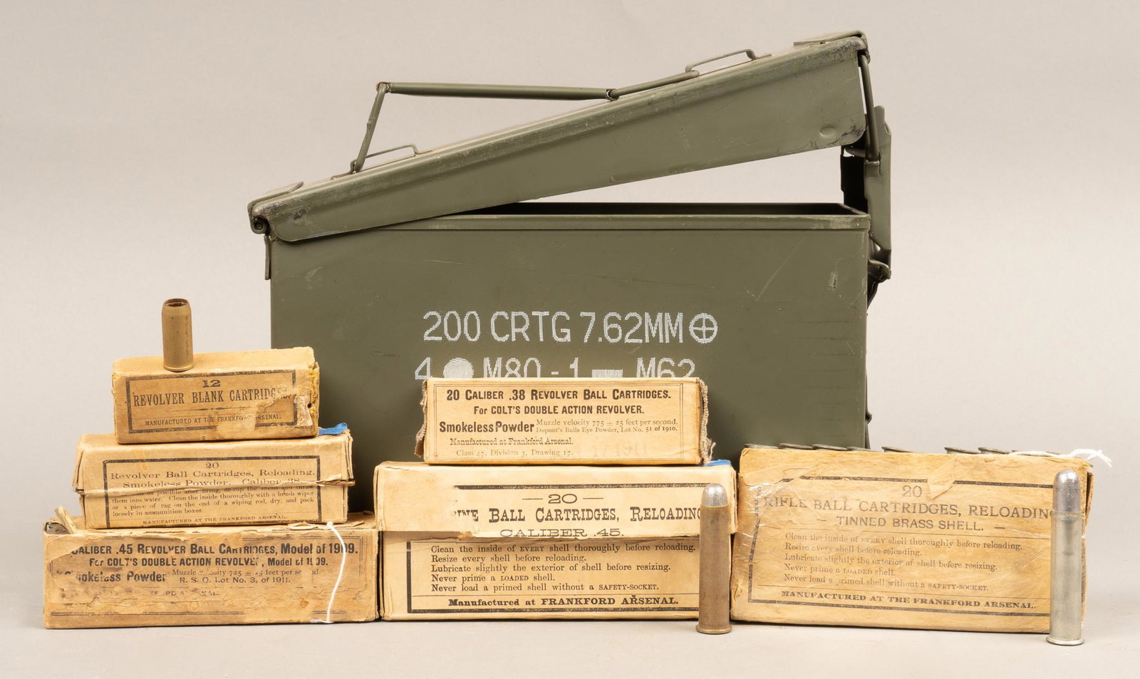 270 Mixed .38, .45, .45-70 Vintage Ammunition With Cartons: Includes: -20 rds of .45 M1909 Smokeless Ball, Frankford Arsenal, opened -20 rds of .45-70 Reloading Carbine Ball, Frankford Arsenal " MAR 11 1905" box, w/ 18 WRA marked & 2 USMC SH marked