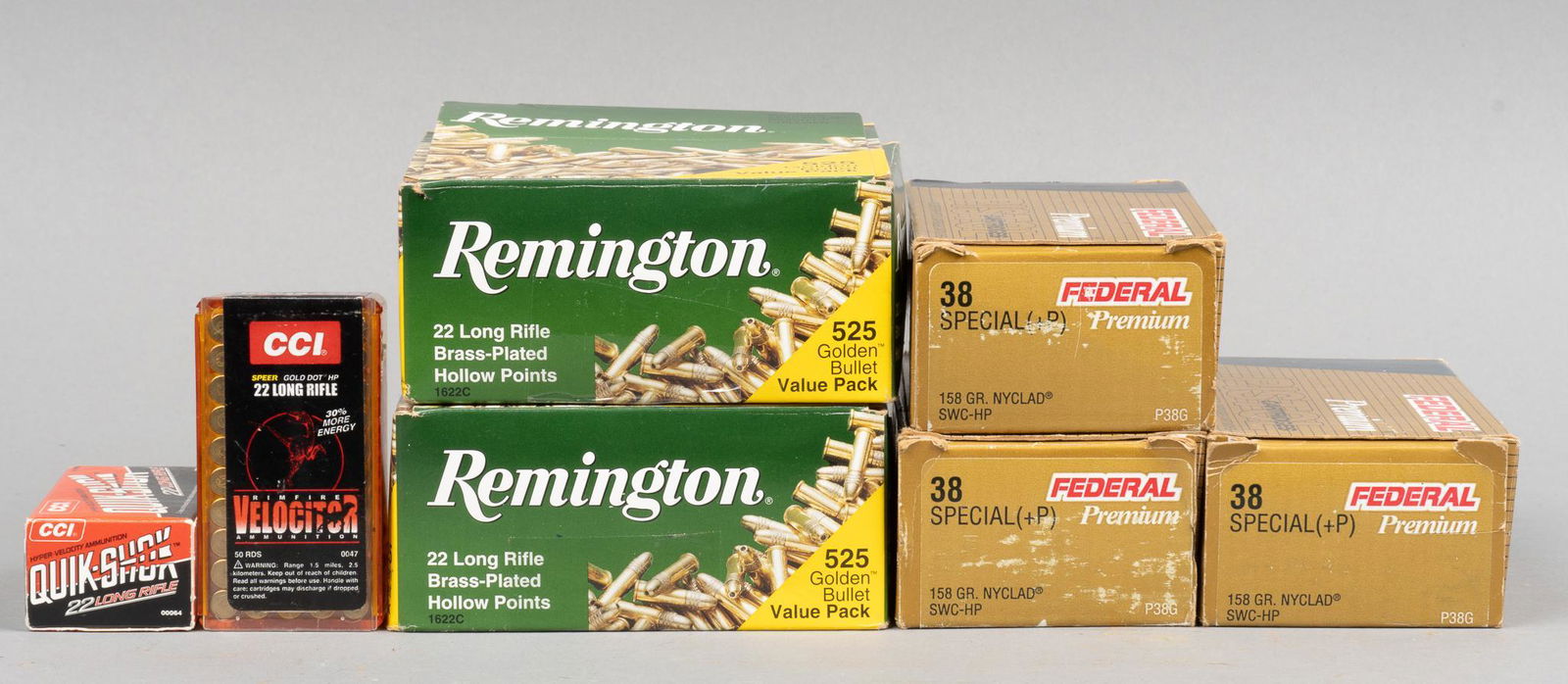 150 Rounds of Federal Nyclad .38SPL & 1150 Rounds of .22LR Ammunition: Includes: -150 rds of Federal Premium .38SPL +P 158gr. Nyclad SWC-HP -1050 rds of Remington Golden Bullet .22LR 36gr. BP HP -50 rds of CCI Speer Gold Dot .22LR Velociraptor HP -50 rds of CCI Quik-