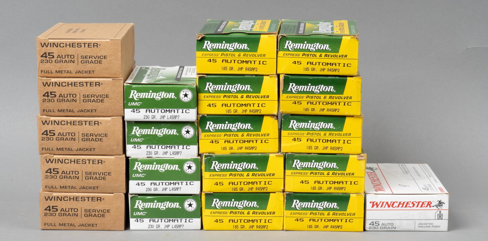 Lot of 1000 Rounds of .45ACP Ammunition: Includes: -200 rds of Remington 45ACP, 230gr JHP -500 rds of Remington .45ACP, 185gr JHP -250 rds of Winchester .45ACP, 230gr FMJ -50 rds of Winchester .45ACP, 230gr JHP Provenance: The Estate of Doug