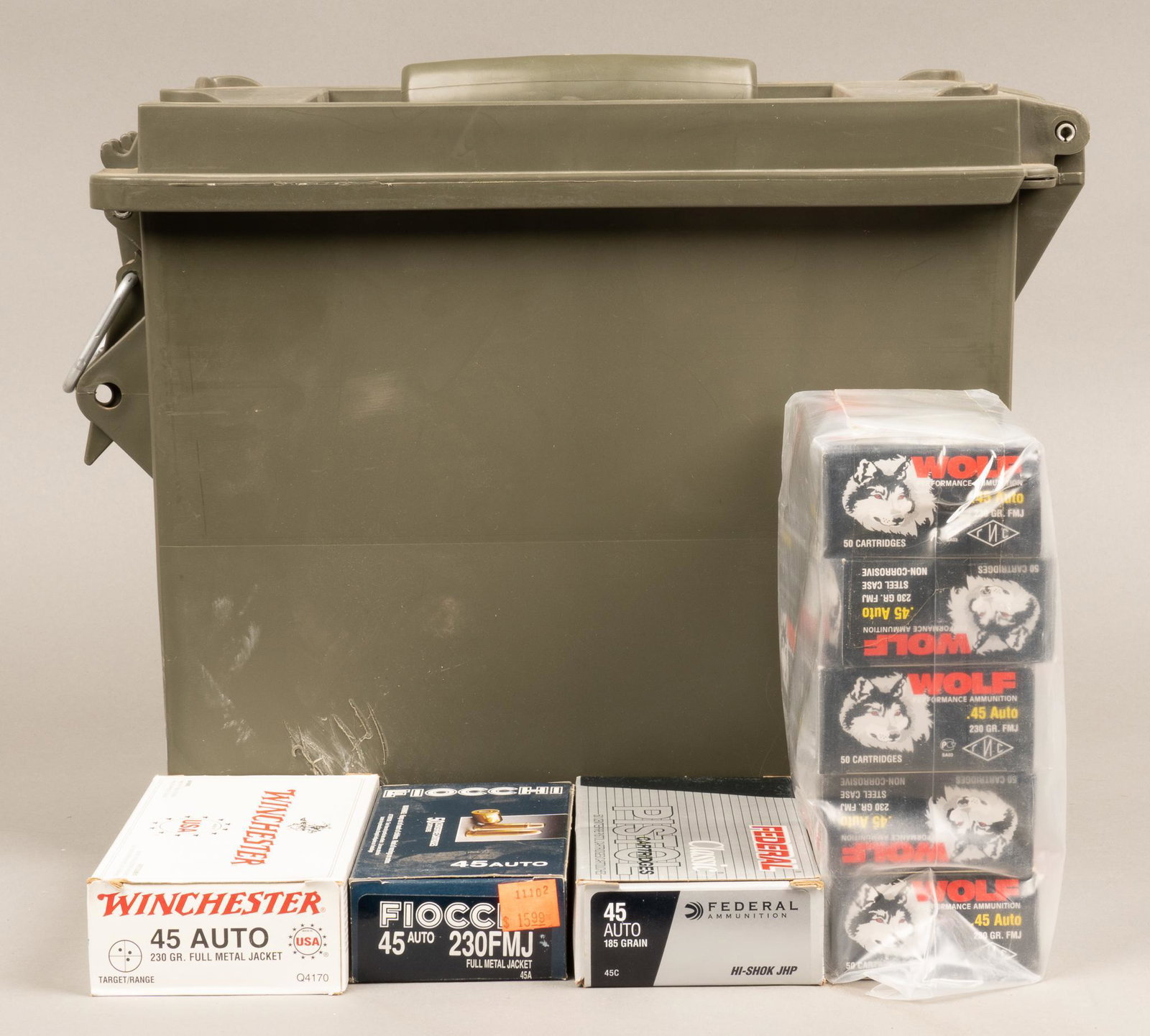 Approx. 1100 Rounds of Mixed .45ACP Ammunition: Includes: -350 rds of Federal Classic 185gr. Hi-Shok JHP -250 rds of Fiocchi 230gr. FMJ -500 rds of Winchester 230gr. FMJ €â€¹€â€¹€â€¹€â€¹ Provenance: A Boerne, Tex