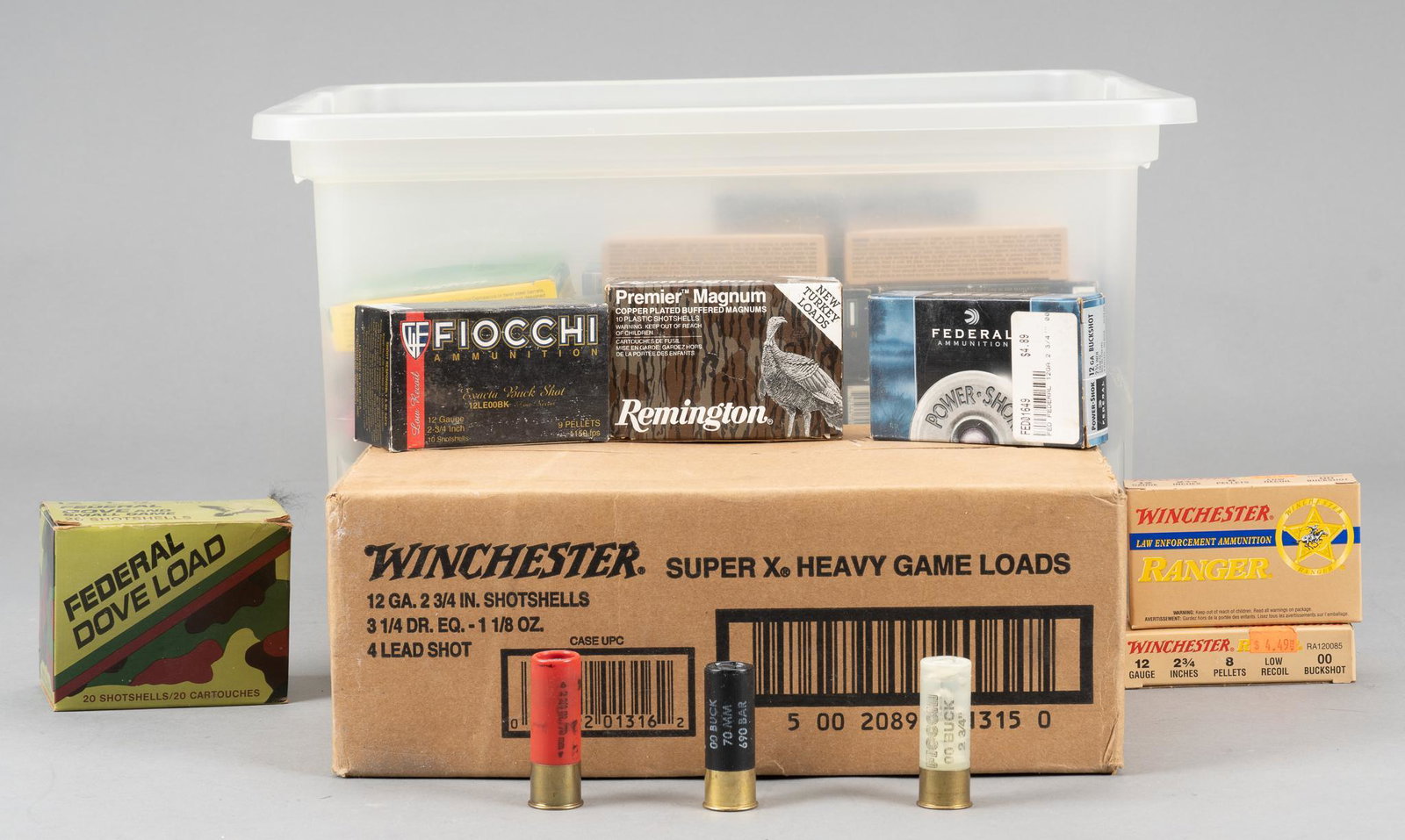 720 Shot Shells of Mixed 12-Gauge Ammunition: Bird, Buck & Slugs: Includes: -250 shotshells of Winchester Super X Heavy 2.75" 1 1/8oz 4-shot -230 shotshells of Fiocchi Law Special 00-Buck 2.75" 9-pellet -25 shotshells of Winchester Ranger 2.75" 8-pellet 