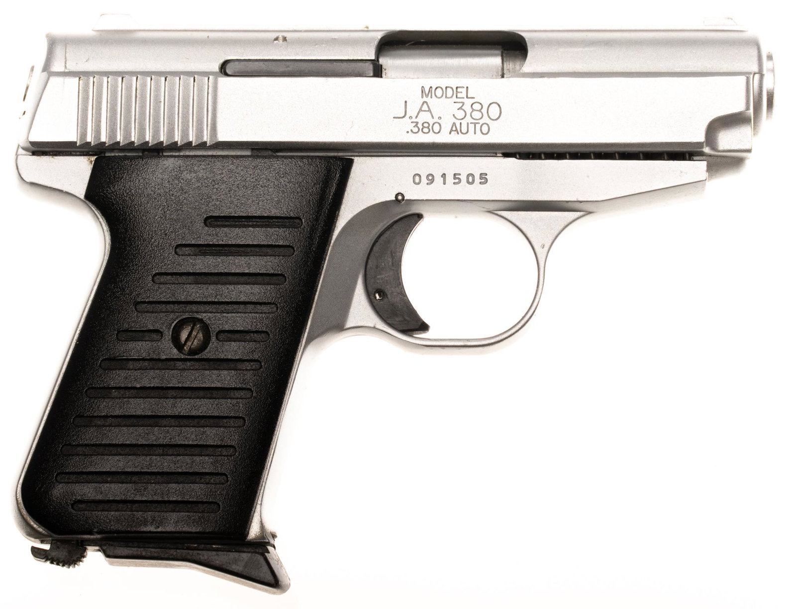 Jimenez Arms Model JA-380 .380 Auto Pistol: Serial: 091505 Manufacturer: Jimenez Arms Inc. Model: JA 380 Caliber: .380 Auto Barrel length: 2.75" OAL: 5.375" Condition: Good; plastic grips have light handling marks; slide & frame hav