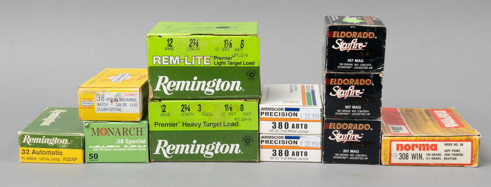 374 Rounds of Misc. Ammunition & Shotshells: .380, .38, .357, 12 Ga.: Includes: -100 rds of Armscor Precision .380 Auto, 95gr. FMJ -44 rds of Remington .32 Auto, 71gr. FMJ -50 rds of Monarch PPU .38SPL, 158gr. SJHP -50 rds of W-W Super Match .38SPL, 148gr. Lead Clean-Cu