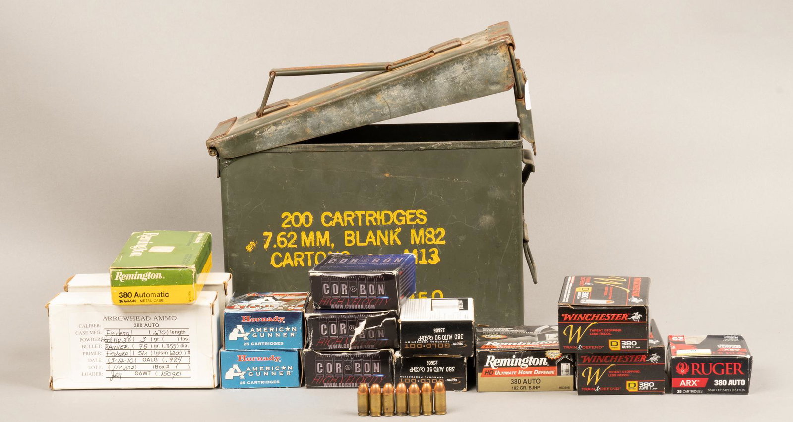 380 Rounds of .380 Auto Ammunition: Includes: -100 rds of Arrowhead Ammo .380 Auto,95 Gr FMJ (Remanufactured) -51 rds of Corbon .380 Auto, 90 Gr JHP -40 rds of Winchester .380 Auto, 95 Gr JHP -50 rds of Hornady .380 Auto, 90 Gr XTP -40 