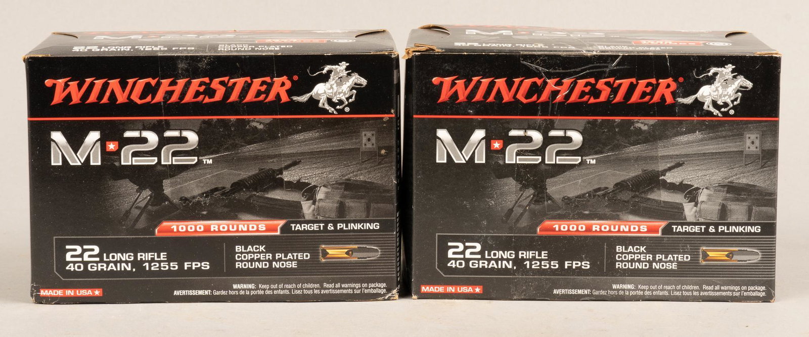 2000 Rounds of Winchester .22LR Ammunition: Includes: -2000 rds of Winchester .22LR M-22 40gr.; black plated round nose €â€¹€â€¹€â€¹€â€¹ Provenance: An Austin, Texas Estate We will happily provide seamless sh