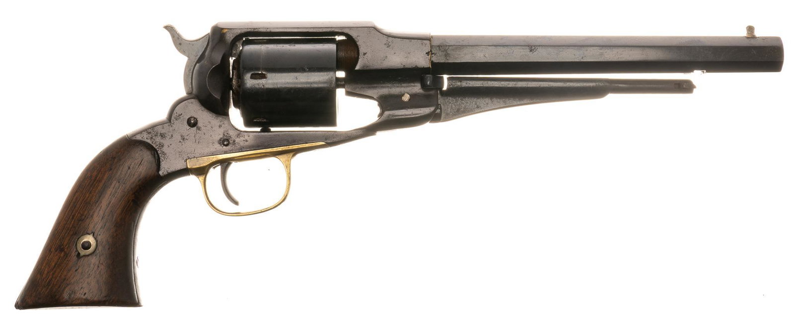 Remington New Model Army .44Cal. SA Revolver: Serial: 19677 Manufacturer: E. Remington & Sons (c. 1864) Model: New Model Army Caliber: .44Cal. Barrel length: 8" OAL: 14" Condition: Fair; wood grips are good w/ handling marks commensur