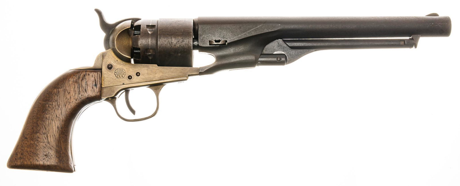 Connecticut Valley Arms 1851 Navy .44Cal. Percussion Revolver: Serial: 79484 Manufacturer: Connecticut Valley Arms Inc. Model: 1861 Navy Caliber: .44Cal. Barrel length: 8" OAL: 14" Condition: Fair; wood grips have light handling marks; barrel cylinder hav