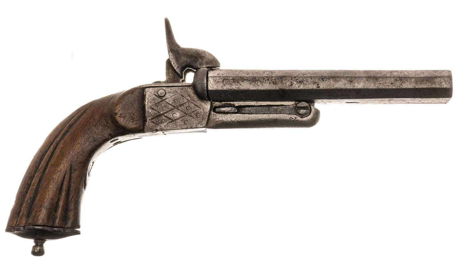 Belgian Double Barrel 11mm Pinfire Pistol: Serial: No SN Manufacturer: Belgian Model: Double Barrel Pinfire Folding Trigger Caliber: approx. 11mm Barrel length: 4.75" OAL: 9.25" Condition: Poor; wood grips are commensurate w/ age &
