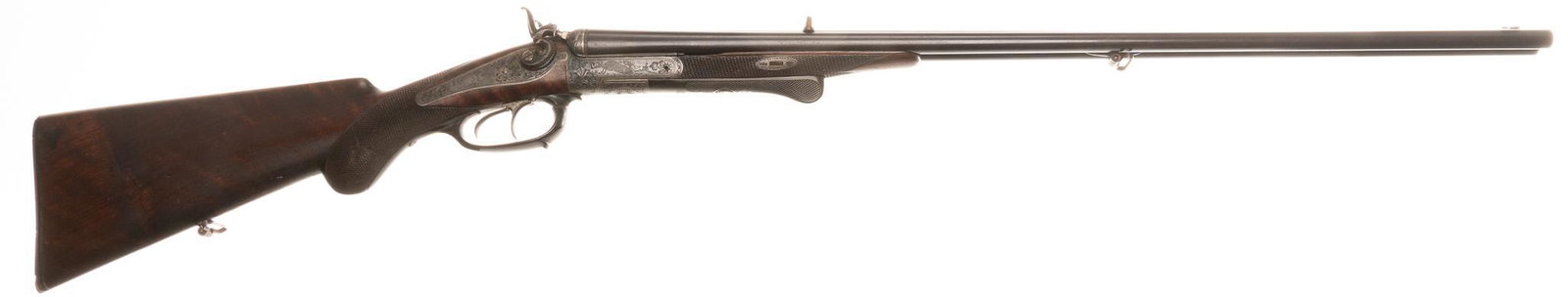 1880s German Zullichau 11mm Mauser SXS Percussion Rifle: Serial: 4310 Manufacturer: Zullichau, Germany (named to G. Kopplin.) (c. 1880s) Model: SXS Double Rifle Caliber: 11mm Mauser (barrels marked "67/49") Barrel length: 27" OAL: 43" Condit