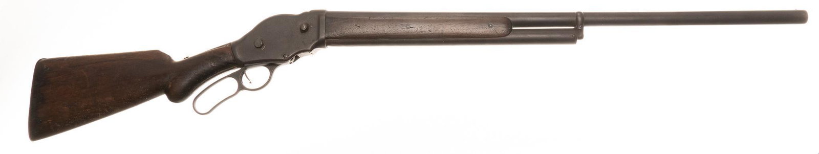 C.1894 Winchester M1887 12-Gauge Lever-Action Shotgun: Serial: 55801 Manufacturer: Winchester Repeating Arms Co. (c. 1894) Model: M1887 Caliber: 12 Ga. Barrel length: 30" OAL: 47.75" Condition: Poor; wood stock has heavy wear throughout and is loo