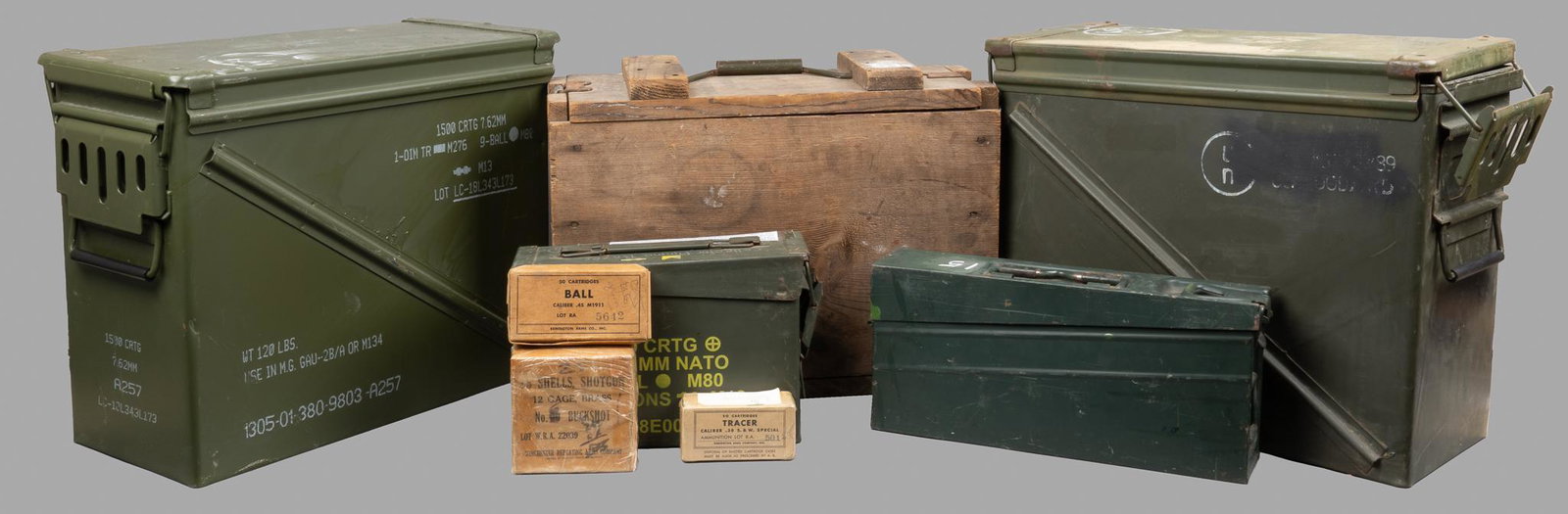 Collection of Ammunition Crates W/ Vintage Ammo Boxes: Includes: -West German Machine Gun Ammo can -ammo can of collector ammo boxes: Winchester, M1898 Krag box, Remington -Antique US military ammo wood case marked "Smokeless Powder Fort Cannon" -