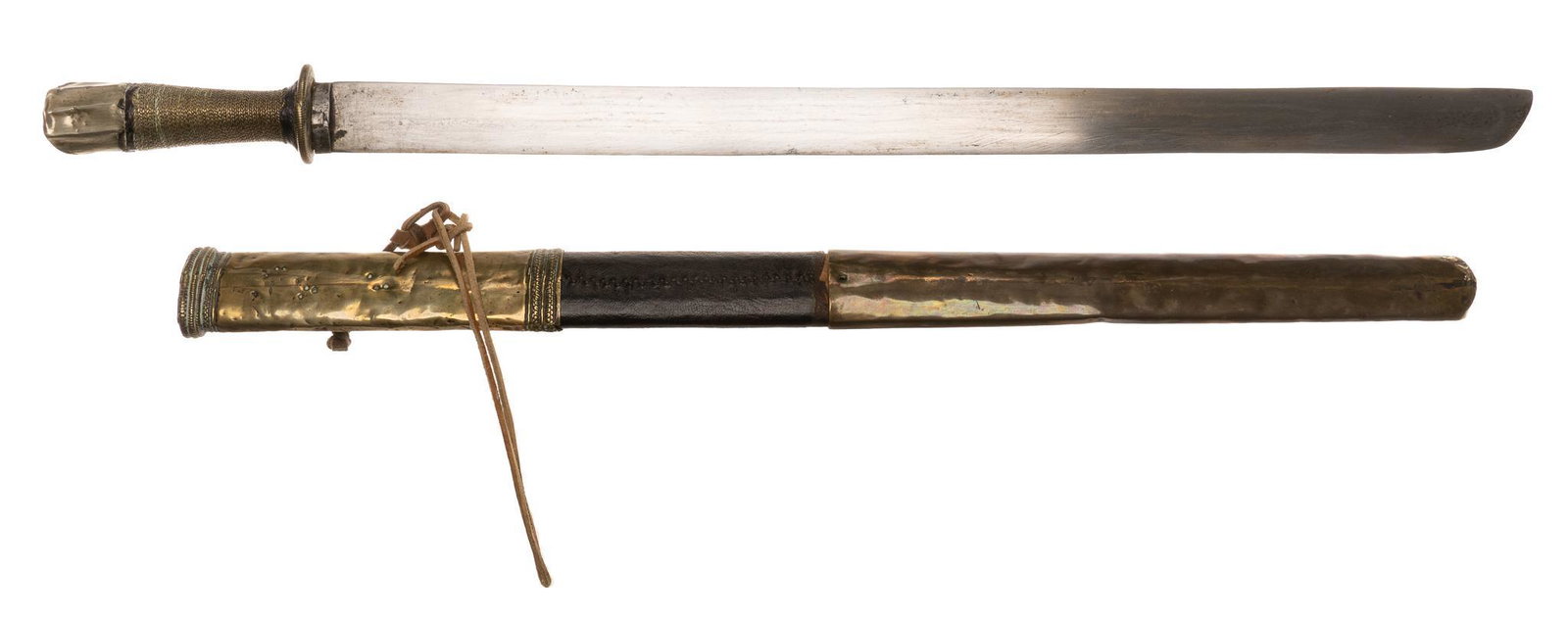 Tibetan Dpa'Dam Sword W/ Scabbard: Includes: leather scabbard wrapped in bronze; bronze wrapped grip w/ silver hilt Blade Length: 23" long Overall Length: 28" long Condition: Good; light handling marks & wear throughout; li