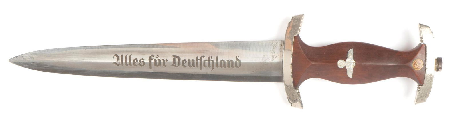 WWII 1941 German SA Dagger W/ Scabbard: Includes: scabbard; belt clip; SA & eagle roundels Marked: RZM insignia over "M 7/66 / 1941"; blade etched "Alles fur Deutschland"; belt clip marked w/ RSM insignia "M5/8"