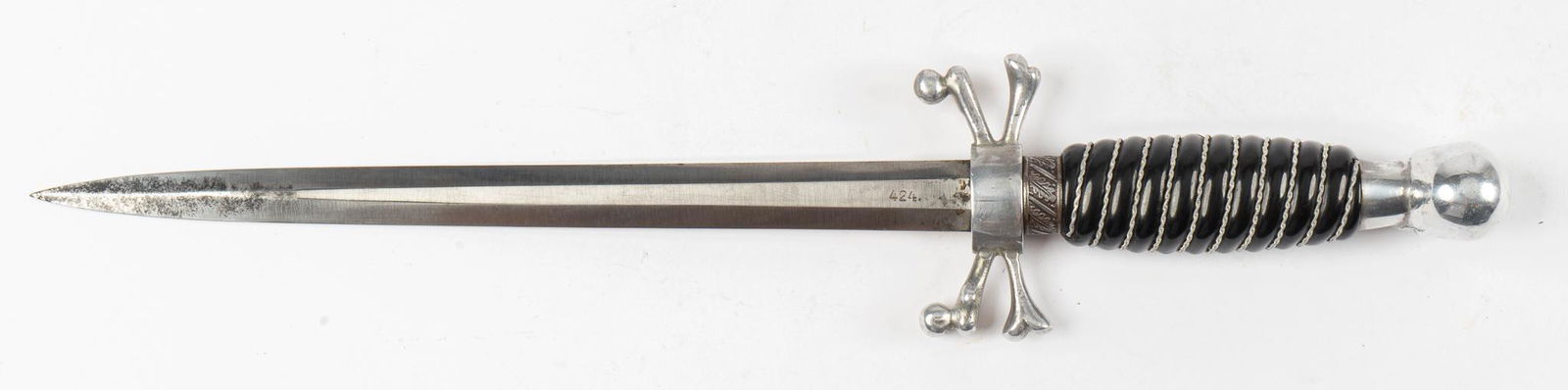 Post-War German Novelty Masonic Dagger W/ Sheath: Includes: leather sheath w/ belt catch; crossbones handguard & skull pommel; wire-wrapped black Bakelite grip w/ Luftwaffe ferrule Marked: right blade flat is marked "GERMANY", left blade