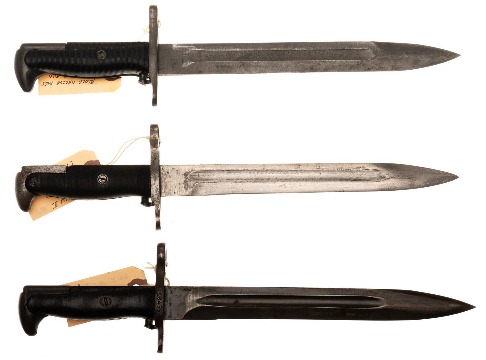 Collection of 3 M1 Garand Bayonets & Scabbards: Includes: (1) Utica Cutlery M1 bayonet (2) Union Fork & Hoe bayonet (3) American Fork & Hoe bayonet (4-6) M1 Bayonet scabbards Marked: (1) "U. C." "U. (flaming bomb) S." on lef