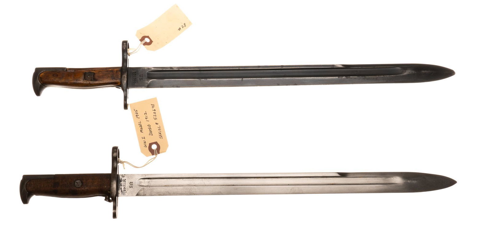 Collection of 2 US 1905 Bayonets: Includes: 2 Springfield Armory Model 1905 bayonets W/ scabbards Marked: 1) "S A / (flaming bomb) / 1912" on left side "US / 520648" on right; sheath is marked "Bauer Bros / 1917