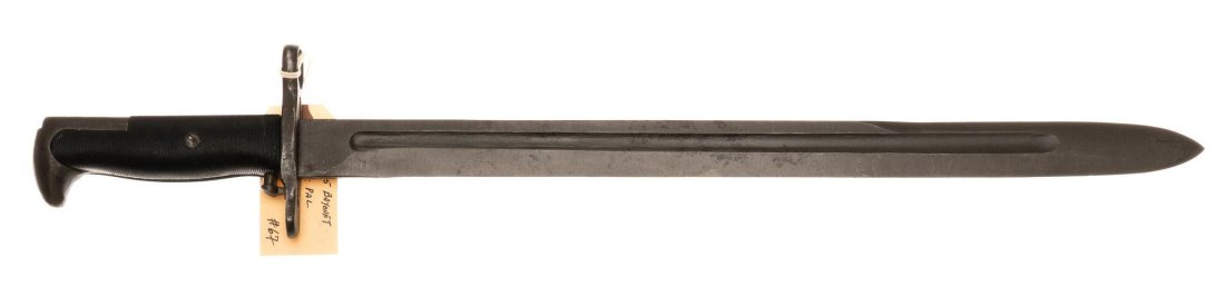 US Model 1905/42 Long M1 Bayonet W/ Scabbard: Includes: US Model 1905 WWII era bayonet w/ scabbard Marked: "PAL / U. Flaming Bomb S. / 1943" on left side of blade Blade length: 16" Overall length: 22" Condition: Very good; the blade has very good