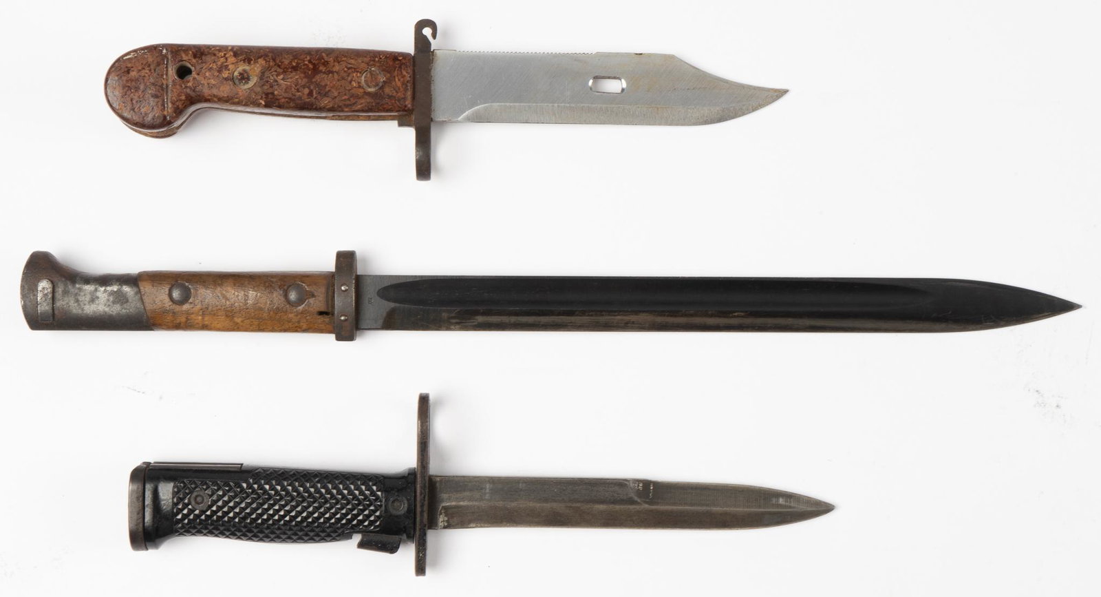 Collection of 3 Misc. Bayonets W/ Scabbards: Includes: -AKM Type I bayonet w/ scabbard & belt frog -US M6 Imperial bayonet w/ US M8A1 scabbard -S 24(t) Czech bayonet made to German specifications w/ scabbard; marked w/ "Z" in a circl