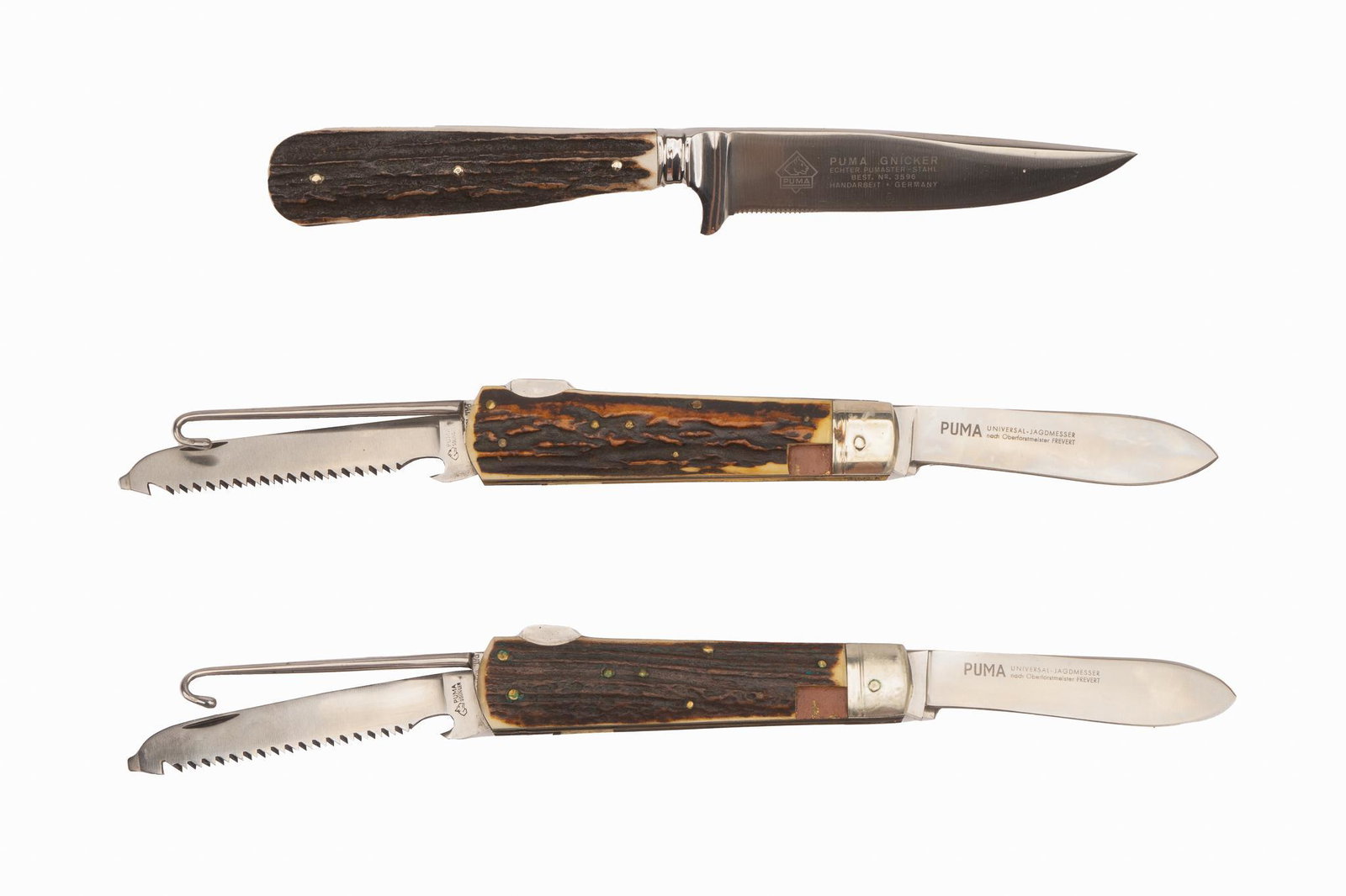 Collection of 3 Puma Knives: Gnicker & 956: Includes: (1) Puma Gniker w/ sheath & case; (2 & 3) Puma 959 Universal Jagdmesser multi-tool knife w/ box (2), w/ sheath (3) Marked: (1) Best No. 3596; (2 & 3) Rostfrei / Bestell-NR. Blade