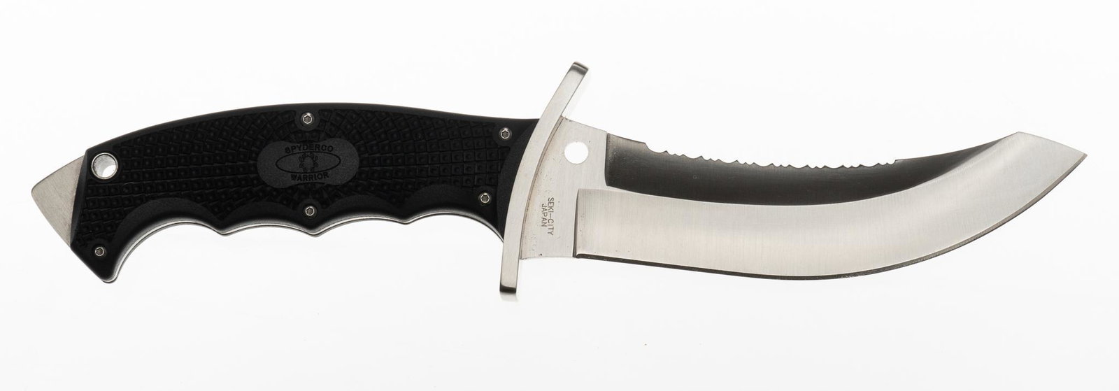 Spyderco Warrior Knife: Includes: Box; booklet on Warrior knife; black utility sheath Maker: Spyderco Blade Length: 5.7" plain edge W/ serrated edge on top Grips: Textured black scales Condition: Excellent: new in box No