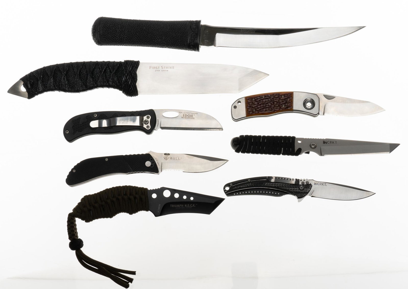 Collection of 8 CRKT Knives: Includes: -CRKT Triumph N.E.C.K. , 3" plain edge blade, green paracord wrapped grips, W/ sheath, in very good condition. -CRKT Stiff K.I.S.S., 3.5" plain edge blade, black paracord wrapped grips, W/ s