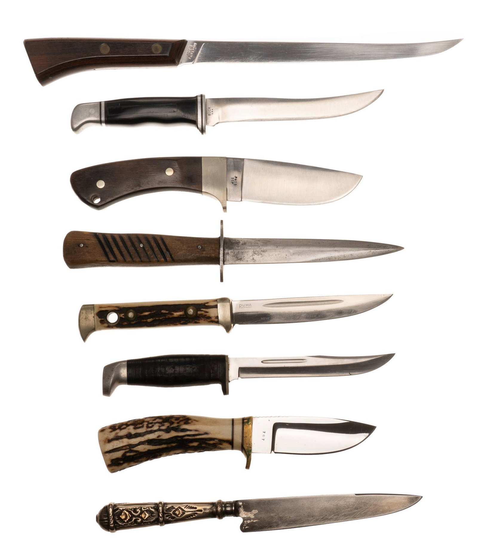 Collection of 8 Collectible Knives W/ Sheaths: Includes: -Case Pawnee R603 SSP knife w/ leather sheath; good used condition -Unknown Guacho knife w/ leather sheath; made in Solingen; handle is <800 silver w/ gold inlay; patina throughout handle