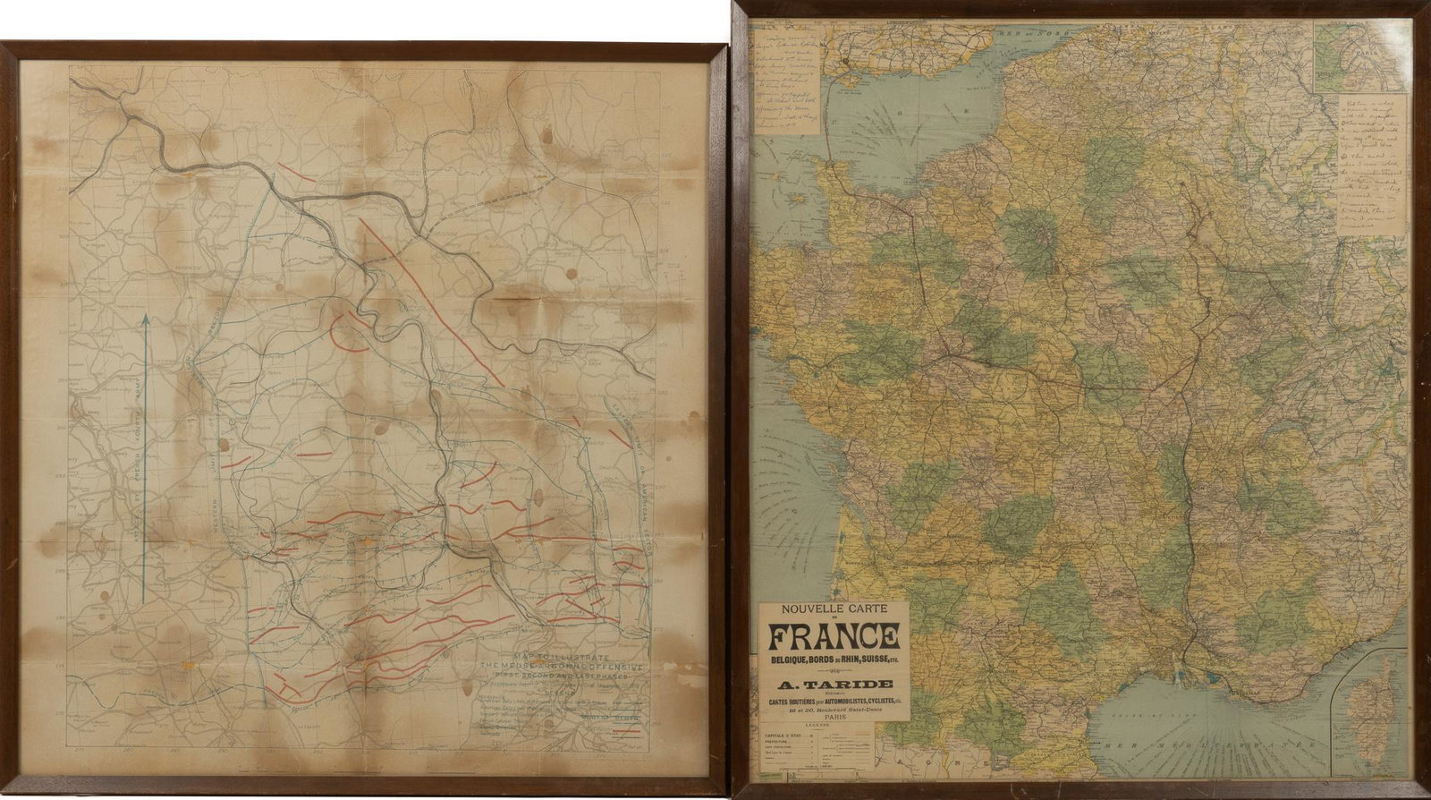 Pair of World War I Era Maps: Includes: -French map of the country, with a hand drawn route of Sergeant Luther M. Robertson's travels and where he was stationed, including to the Meuse Argonne. (frame: 33.25 x 29.25") -US 