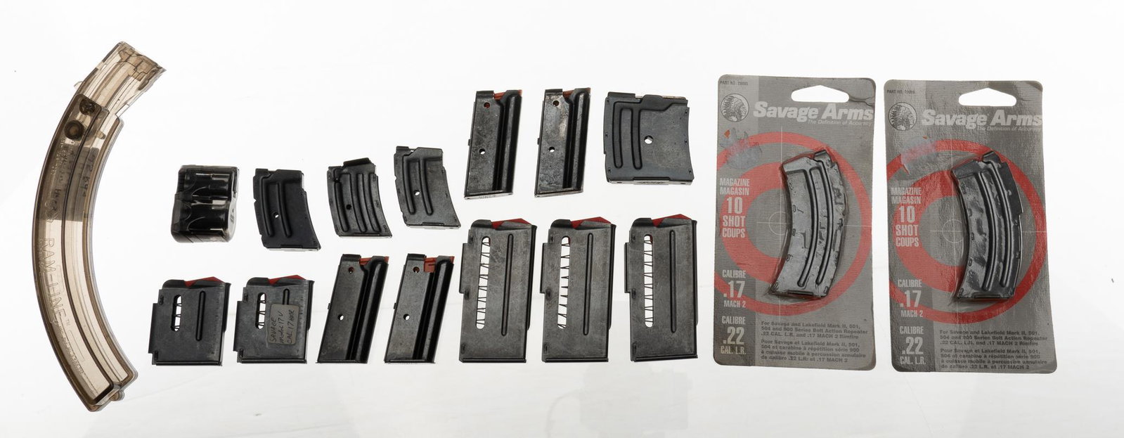 Collection of 17 Mixed .22LR Rifle Magazines: Includes: -4 x Marlin .22LR Semi-Autos magazines; 7-rd capacity -3 x Savage Model 90/93 .22WMR/.17HMR magazines; 10-rd capacity; factory new -2 x Savage Stevens Springfield .22LR magazines; 5-rd capac