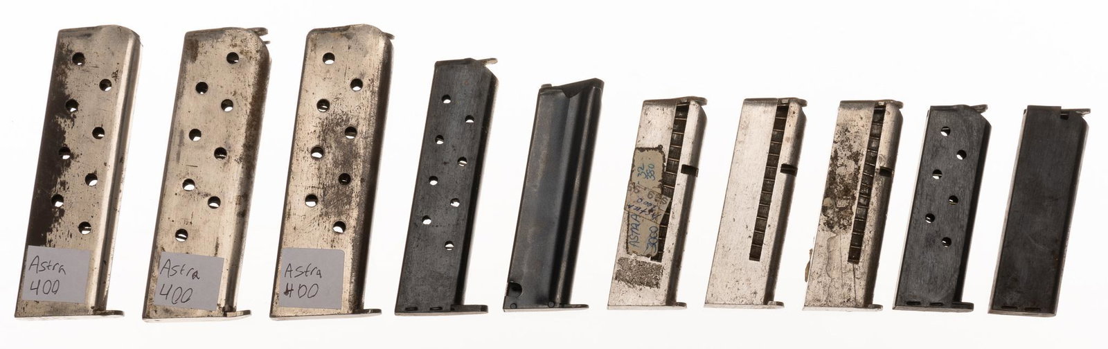 Collection of 10 Astra Magazines: Includes: -3 Astra Model 400 9x23 Largo magazines -3 Astra Model 3000 .380 magazines -1 Astra Model 3000 .32 ACP magazine (Triple K) -1 Astra Model 1911/1915 .32 ACP magazine -1 Astra Model 4000 .22 L
