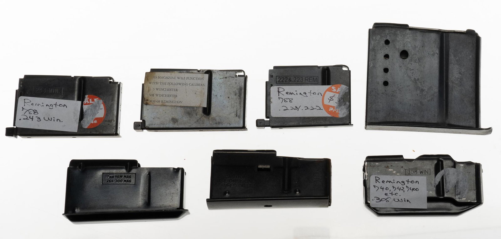 Collection of 7 Mixed Detachable Rifle Magazines: Includes: -3 x Remington 788 magazines; 3-rd capacity; .243WIN (1); .243/.308/7mm-08 (1); .222/.223 (1) -Remington 740/742/7400 .308WIN magazine; 4-rd capacity -Savage Model 40/45 .30-06 magazine; 4-r