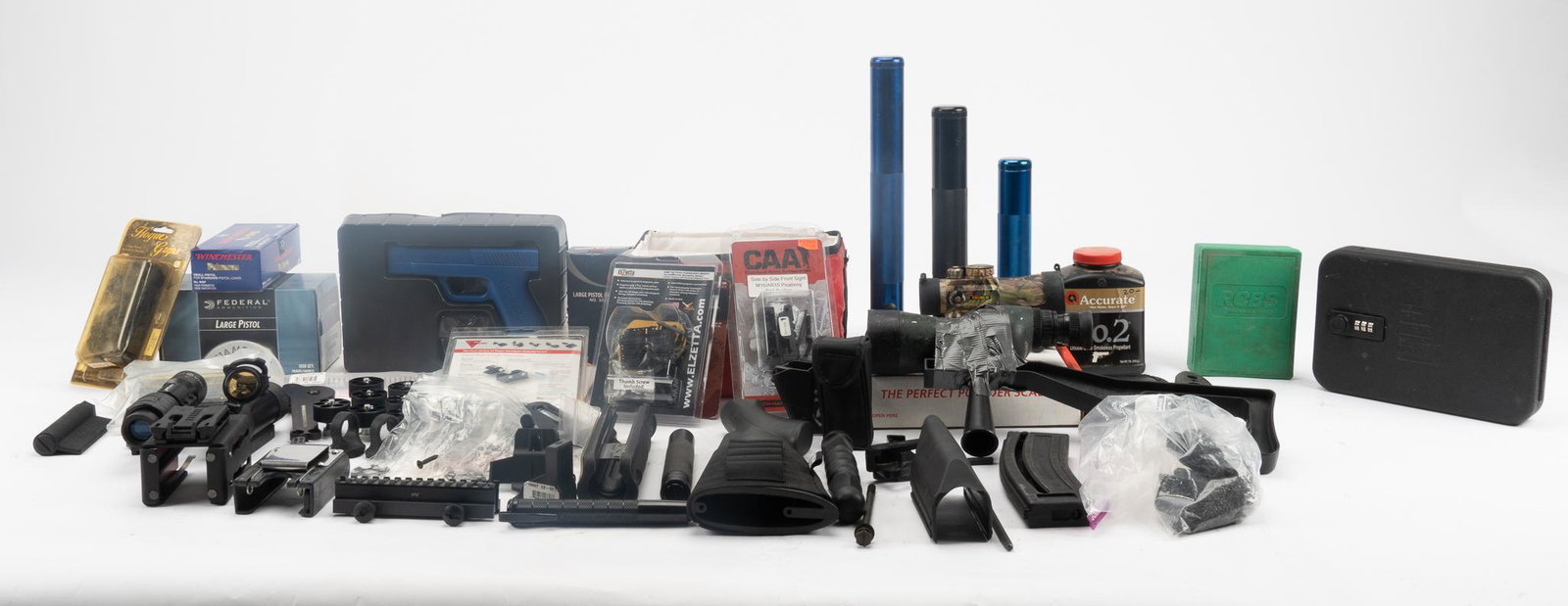 Collection of Misc. Firearms Accessories & Equipment: Includes: -3 x batons -misc. reloading equipment: 1000 CCI large pistol primers, 1000 Winchester small pistol primers, 800 Federal large pistol primers, Accurate No.2 smokeless powder, Lee Safety powd