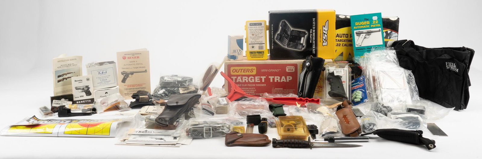 Collection of Misc. Gun Accessories & Target Supplies: Includes: -USMC Imperial M1 bayonet (blade has been polished) -1942 Sears 1911 leather holster -BSA Boresighter kit -misc. slings & holsters: AK/SKS, M1, German Bazooka -.22 steel plate targets, p