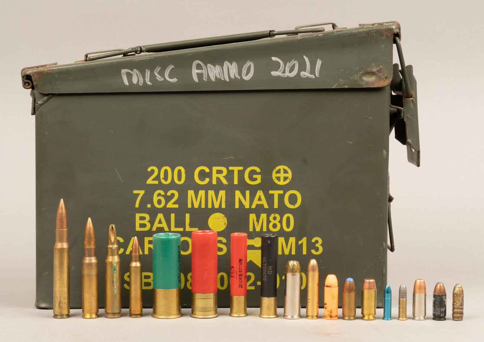 Collection of Misc. Loose Ammunition & Casings: Includes: -7.62mm Ammo can -mixed ammunition: .50, 12 ga., 5.56x45, 9mm, .45ACP, .45 Colt, .22LR, 7.62x51, .30 Carbine, .30 Army, 410 bore, .30-06, 16 ga., .308, 7.62x25 -mixed empty casings, blanks, 