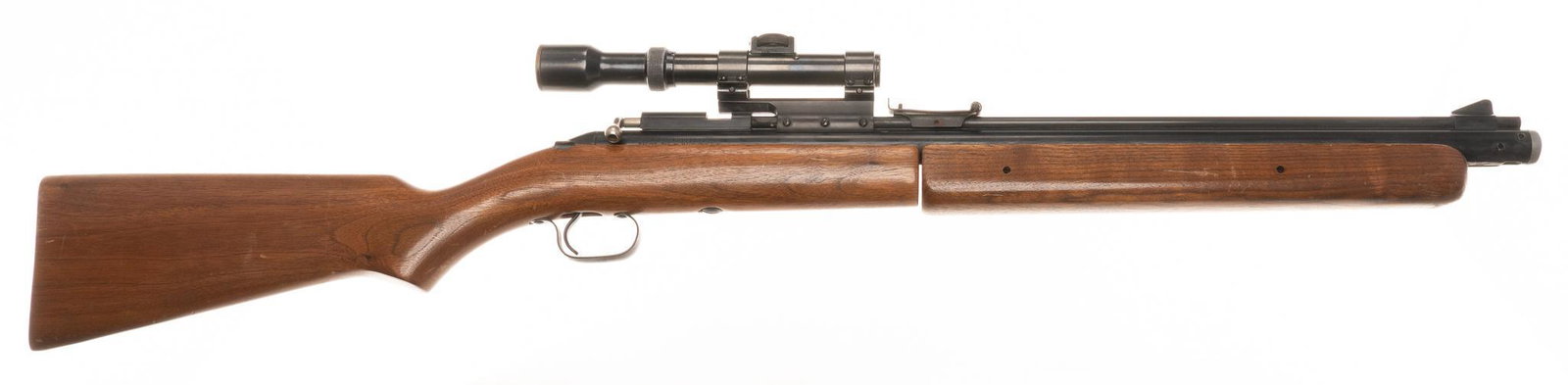 Sheridan "Blue Streak" 5mm Pump Air Rifle: Serial: No SN Manufacturer: Sheridan Products Inc. Model: Blue Streak Caliber: 5mm (.20 Cal.) Barrel length: 19" OAL: 37" Condition: Fair; wood stock has light handling marks; barrel & rec
