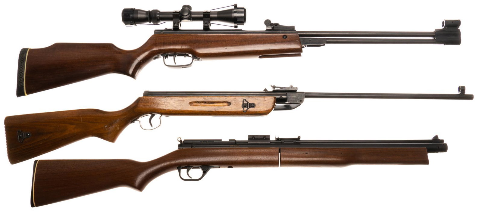 Collection of 3 .177 Cal. Air Rifles: Includes: -Crosman Model 397PA .177 Air Rifle; functional w/ very light handling marks -Shanghai Model 62 .177 Air Rifle; functional, light used condition w/ light rust spots -Chinese SAG QB36-1 .177 